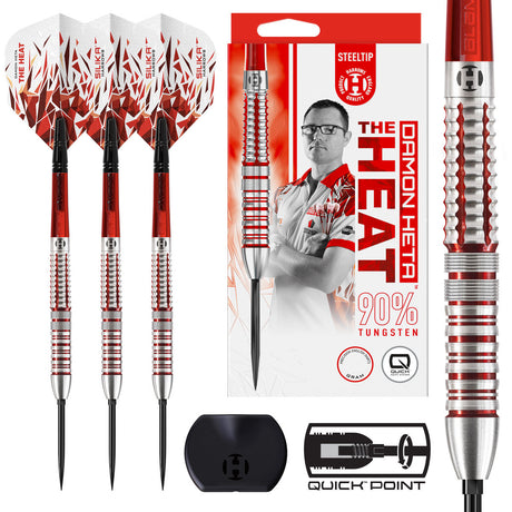 Harrows Damon Heta Series 2 QP Steel Tip Darts main product image showing the darts, packaging, flights, shafts, and included accessories