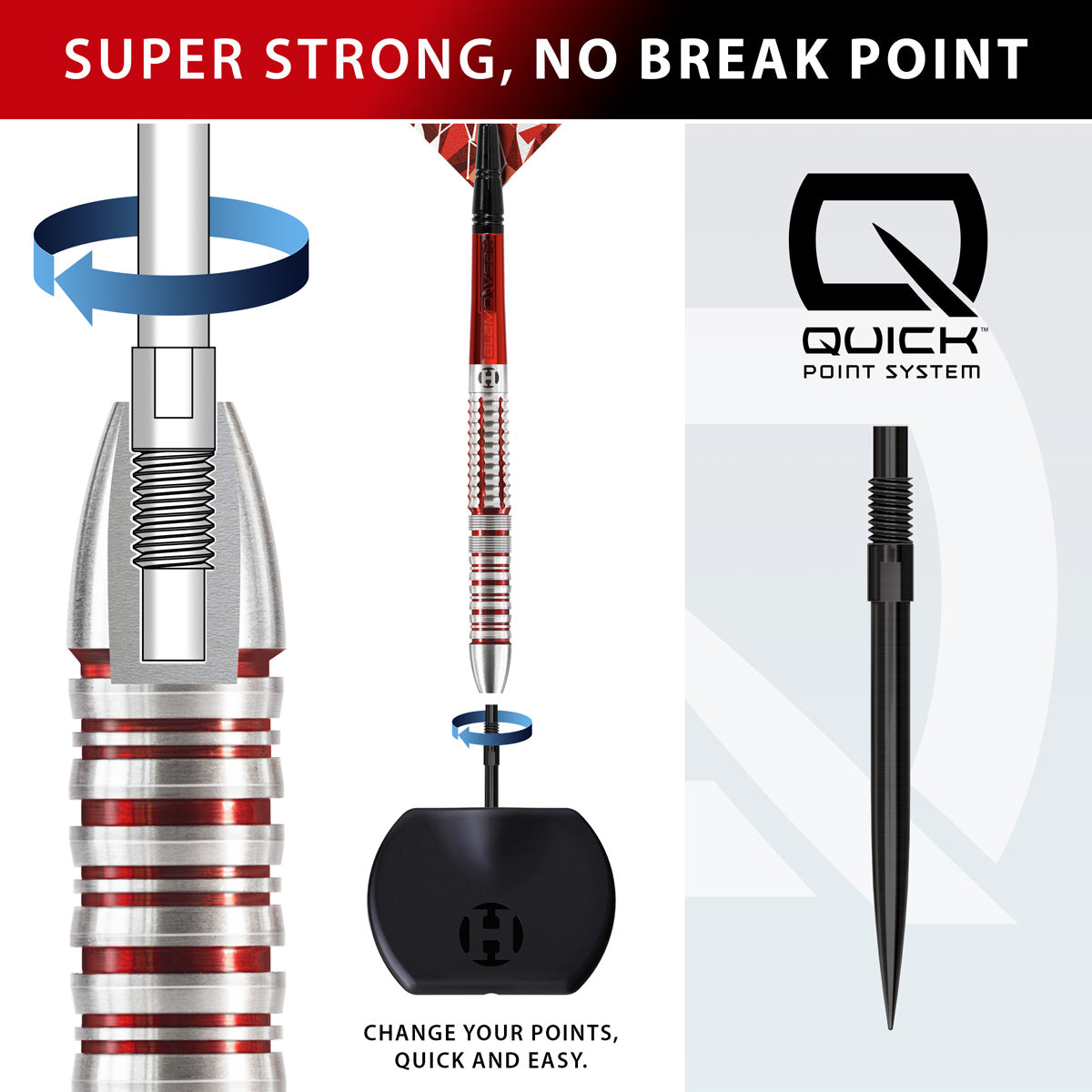Harrows Damon Heta Series 2 QP Steel Tip Darts Quick Point system image highlighting the interchangeable point technology