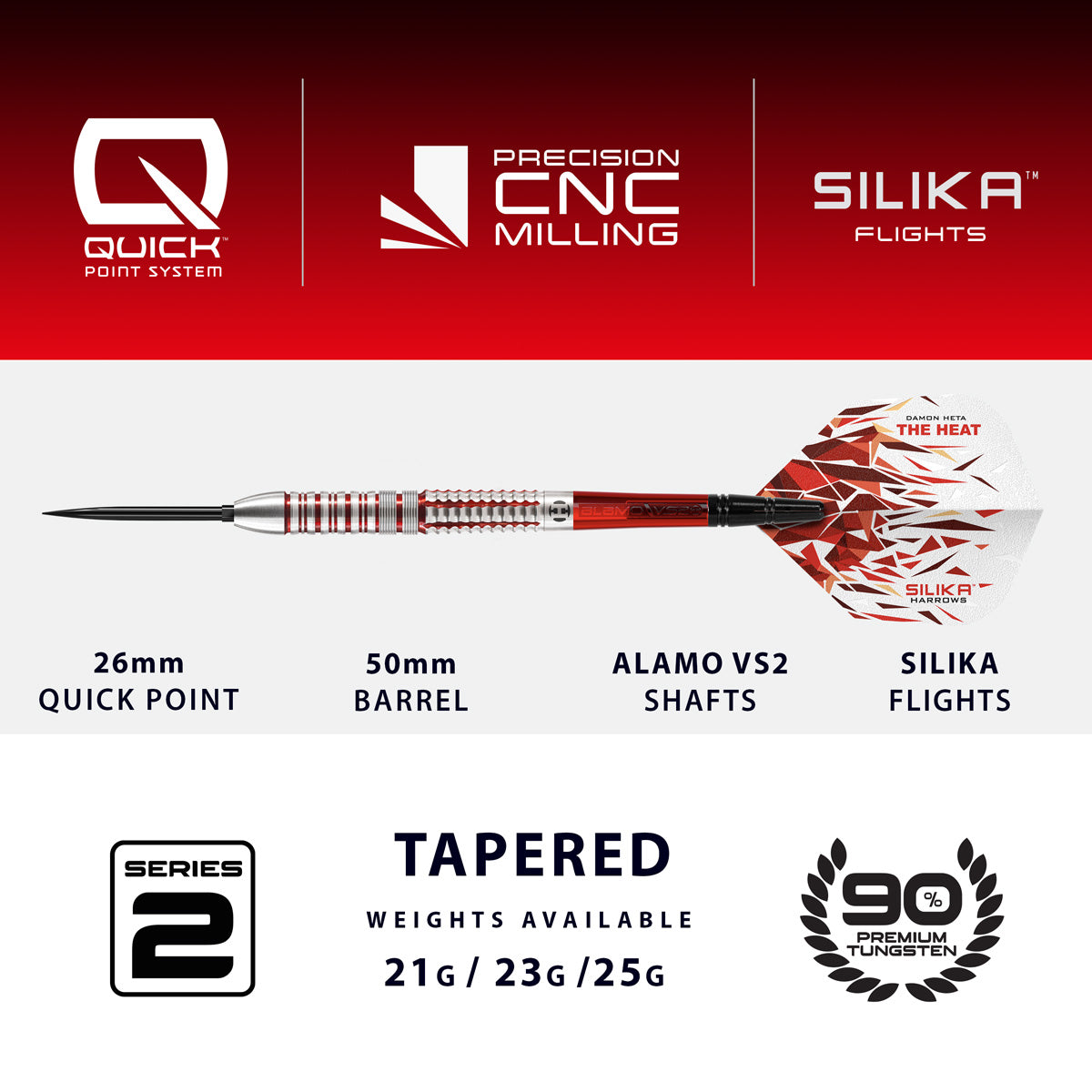 Harrows Damon Heta Series 2 QP Steel Tip Darts specifications image showing barrel dimensions, weight, and technical details