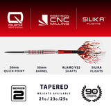 Harrows Damon Heta Series 2 QP Steel Tip Darts specifications image showing barrel dimensions, weight, and technical details