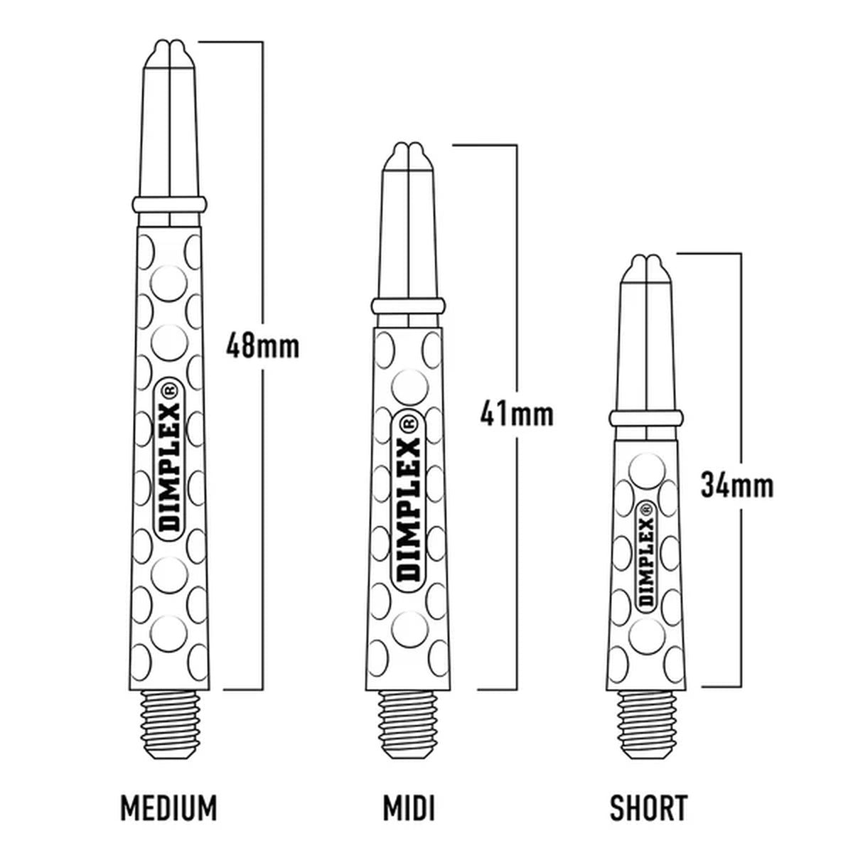 Illustration of Dimplex darts shafts with measurements for medium, midi, and short sizes. Labelled MEDIUM, MIDI, and SHORT with measured lengths 48mm, 41mm, and 34mm.