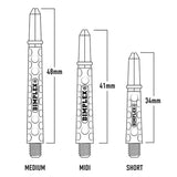 Illustration of Dimplex darts shafts with measurements for medium, midi, and short sizes. Labelled MEDIUM, MIDI, and SHORT with measured lengths 48mm, 41mm, and 34mm.