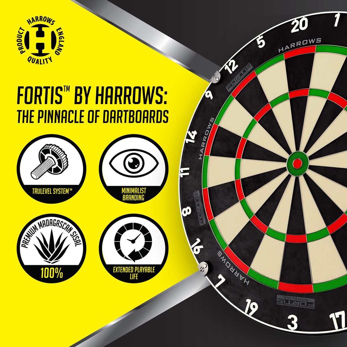 Harrows Fortis Dartboard image highlighting the key features to what makes it a good dartboard