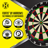 Harrows Fortis Dartboard image highlighting the key features to what makes it a good dartboard