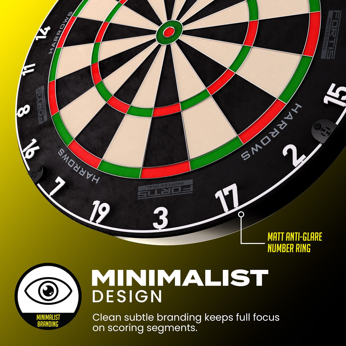 Harrows Fortis Dartboard product image showing the dartboard's number ring in detail and its features listed