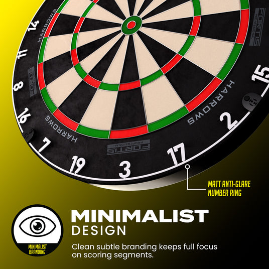 Harrows Fortis Dartboard product image showing the dartboard's number ring in detail and its features listed