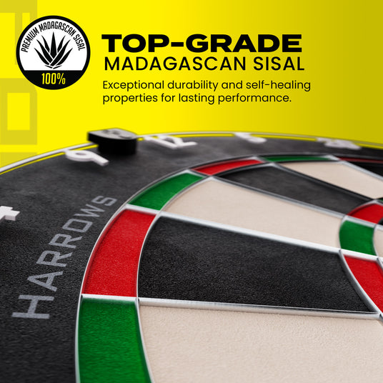 Harrows Fortis Dartboard close up image highlighting the sisal fibre construction and playing surface