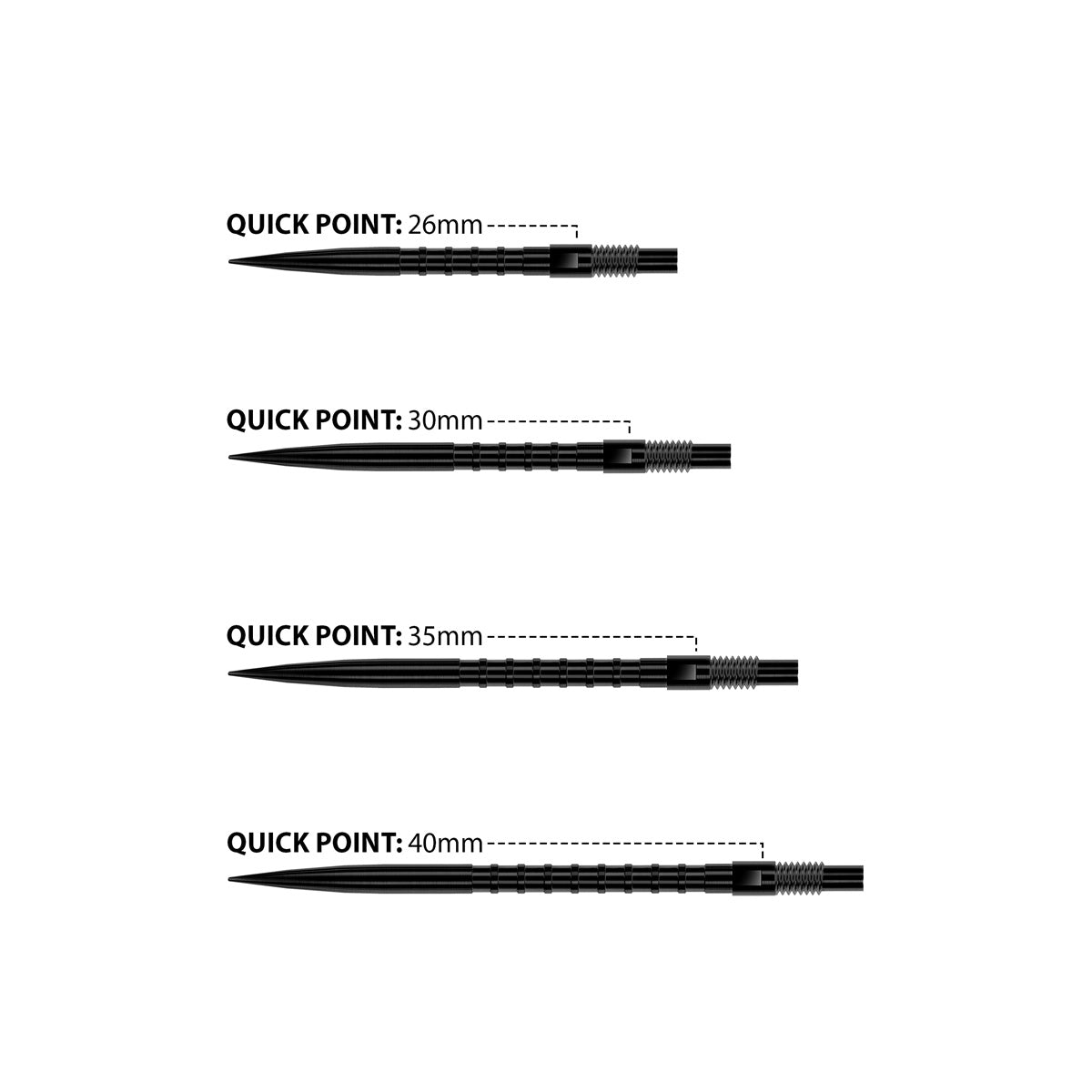 Harrows HM Grip Quick Points Black image comparing the available point lengths