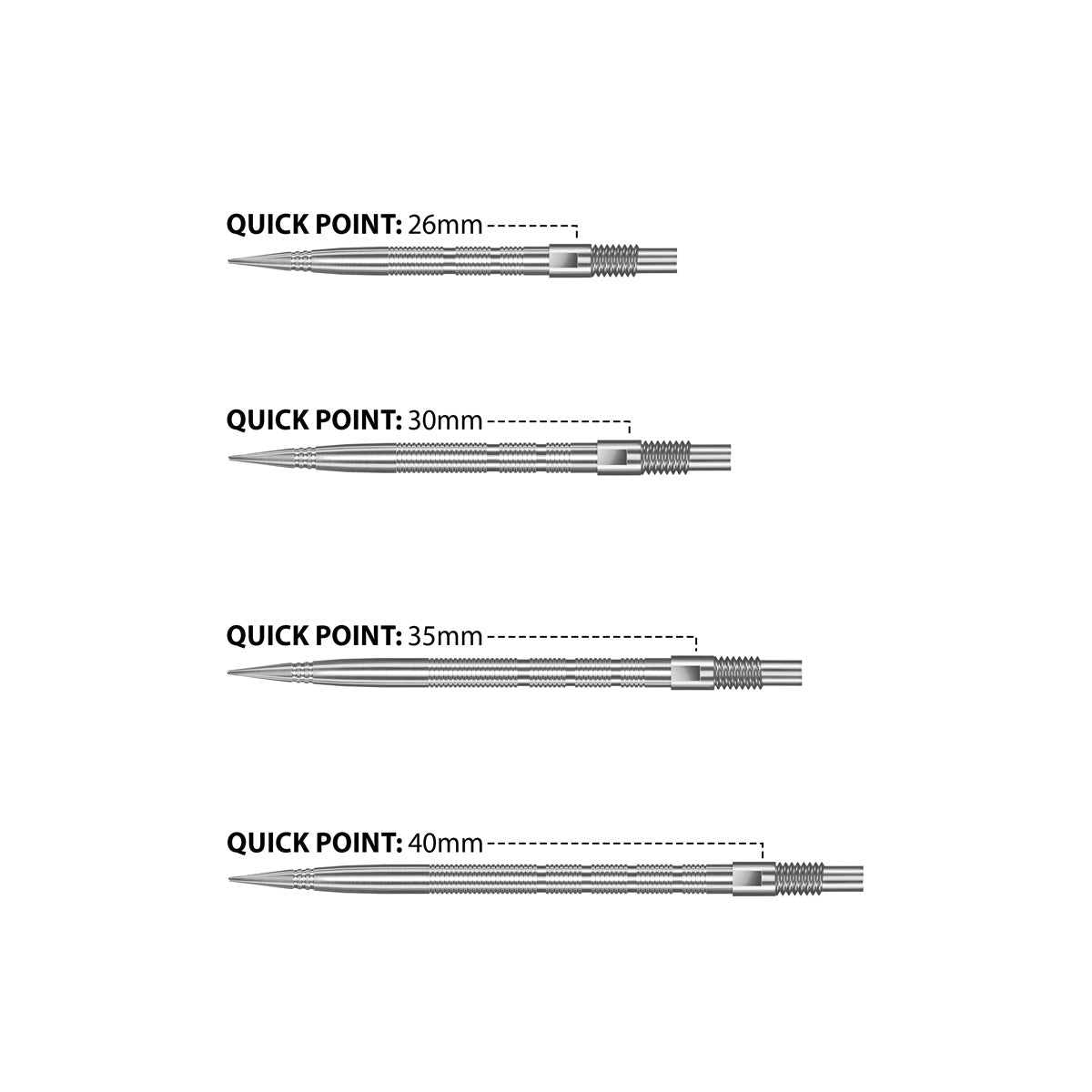 Harrows Micro Grip Quick Points Silver image comparing the available point lengths