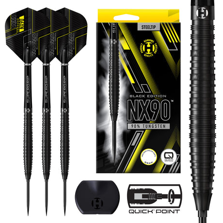 Black darts with packaging and components on a white background. Available in 21 Gram, 22 Gram, 23 Gram, 24 Gram, 25 Gram, 26 Gram