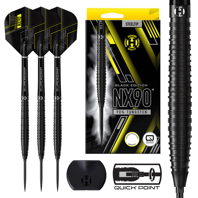 Black darts with packaging and components on a white background. Available in 21 Gram, 22 Gram, 23 Gram, 24 Gram, 25 Gram, 26 Gram