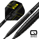 Black darts with yellow accents and 'Quick' branding on a white background.  Available in 21 Gram, 22 Gram, 23 Gram, 24 Gram, 25 Gram, 26 Gram