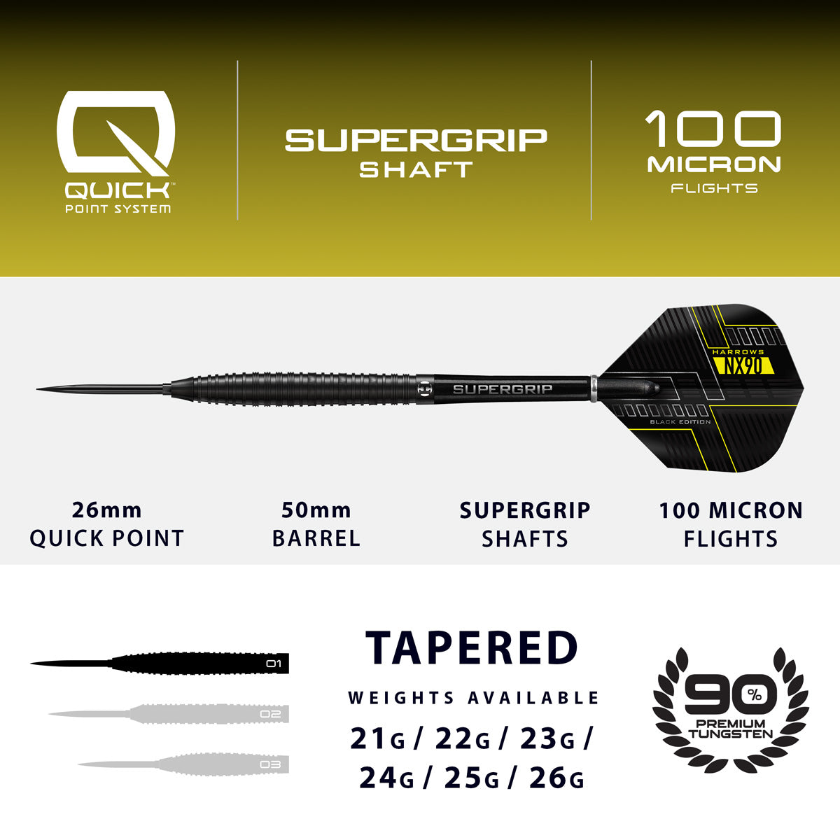 Dart with specifications on a white background.  Available in 21 Gram, 22 Gram, 23 Gram, 24 Gram, 25 Gram, 26 Gram