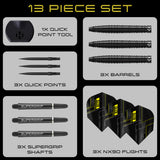 13-piece dart set with quick point tool, barrels, supergrip shafts, and NX90 flights on a grey background.  Available in 21 Gram, 22 Gram, 23 Gram, 24 Gram, 25 Gram, 26 Gram