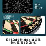  Detail shot highlighting the board’s low-profile staples and staple-free bullseye.