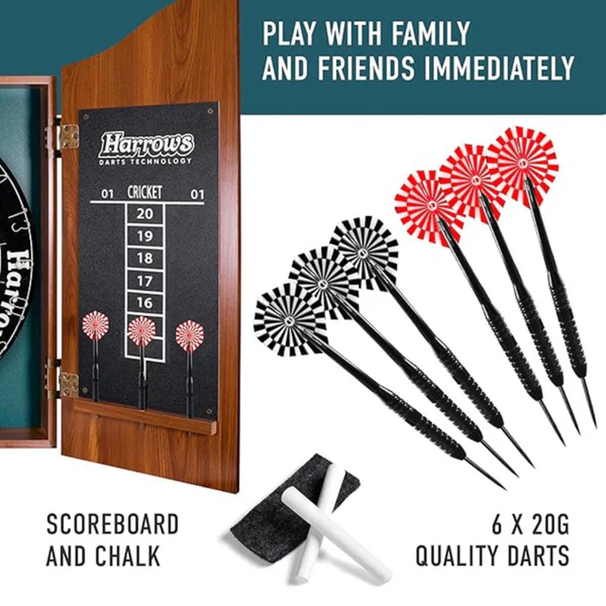 Close-up of the Harrows Pro's Choice darts and scoreboard setup with chalk.