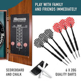 Close-up of the Harrows Pro's Choice darts and scoreboard setup with chalk.