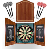 Harrows Pro's Choice dartboard and cabinet set with darts, scoreboards, and a competition board.