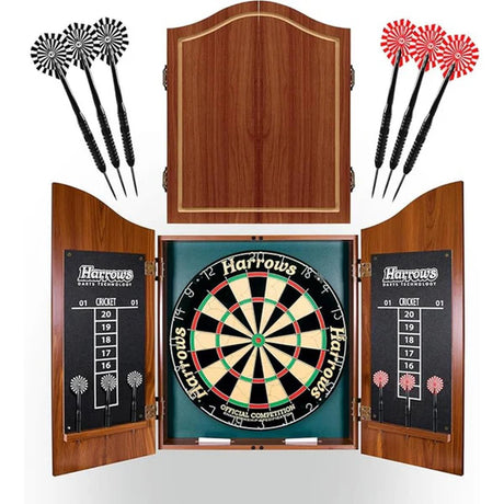 Harrows Pro's Choice dartboard and cabinet set with darts, scoreboards, and a competition board.
