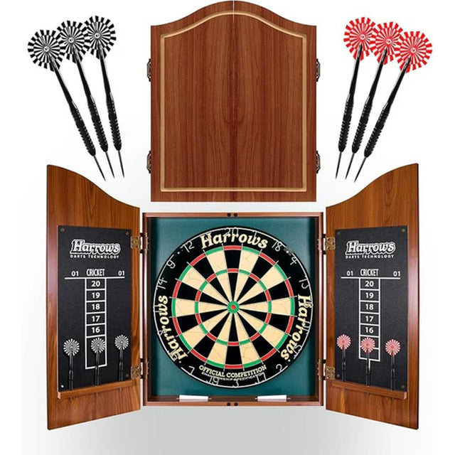 Harrows Pro's Choice dartboard and cabinet set with darts, scoreboards, and a competition board.