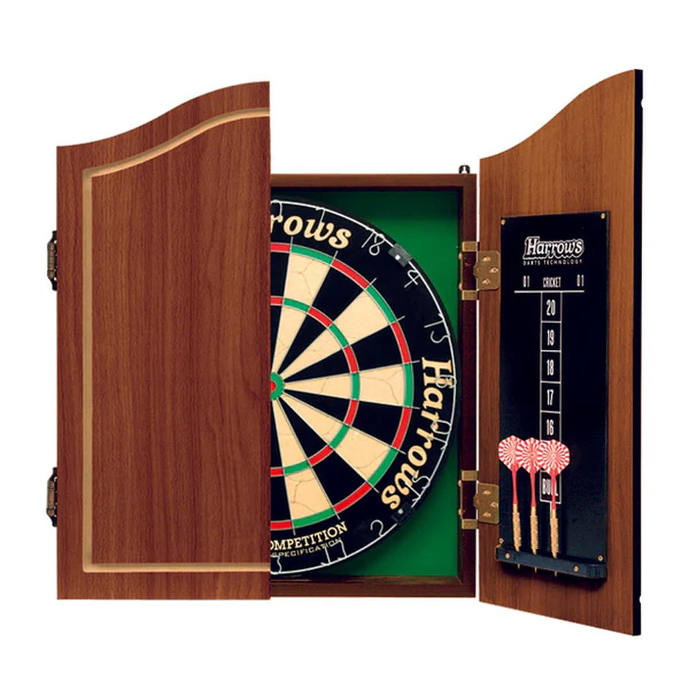 Harrows cabinet half-open showing the dartboard and one scoreboard.
