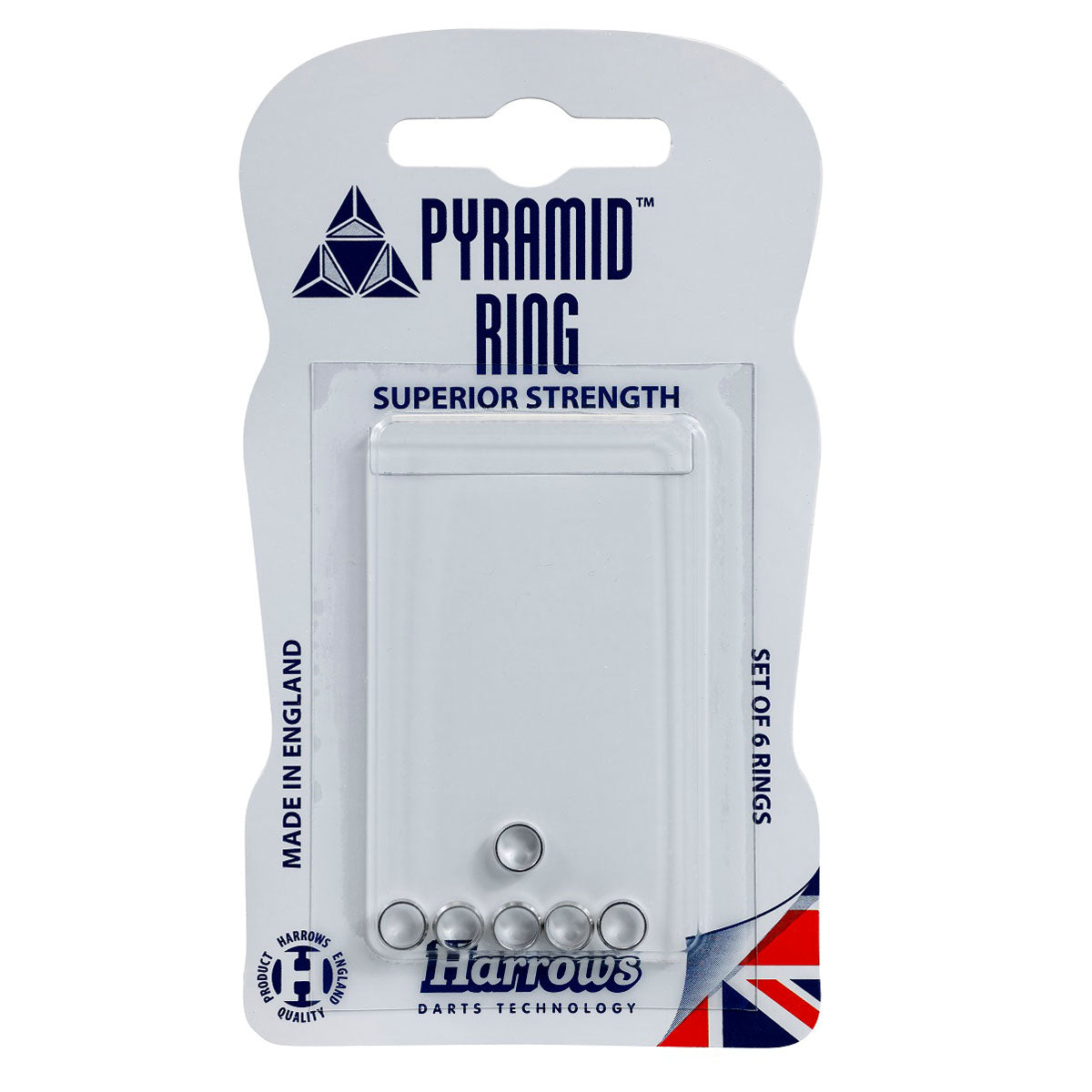 Harrows Pyramid Rings for Dart Stems silver main product image showing the rings, packaging, and included contents