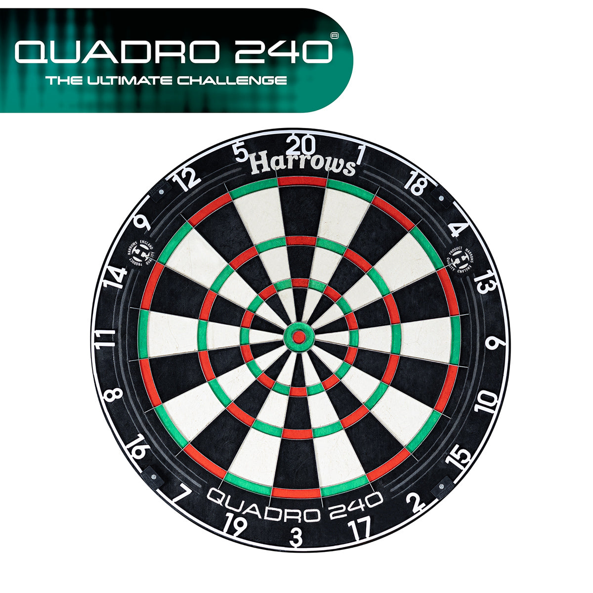 Harrows Quadro 240 Dartboard main product image showing the dartboard and product contents with Harrows branding