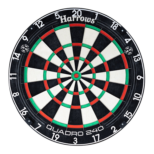 Harrows Quadro 240 Dartboard main product image showing the dartboard and product contents