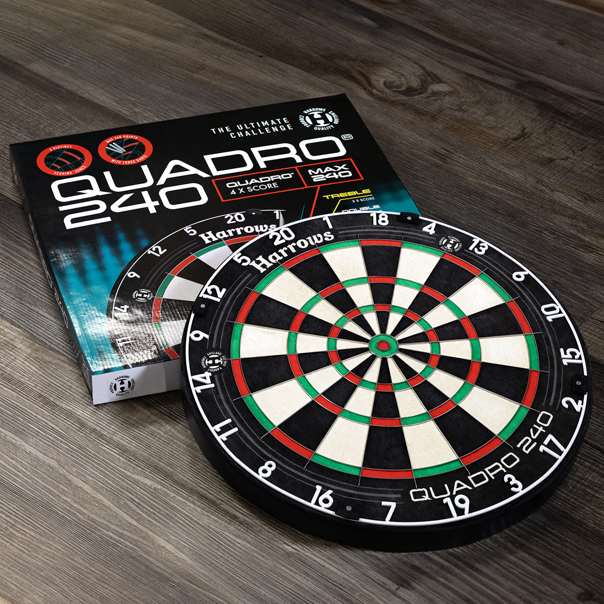 Harrows Quadro 240 Dartboard outer box image showing the retail packaging and dartboard together