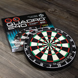 Harrows Quadro 240 Dartboard outer box image showing the retail packaging and dartboard together