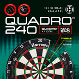 Harrows Quadro 240 Dartboard outer box image showing the retail packaging and branding
