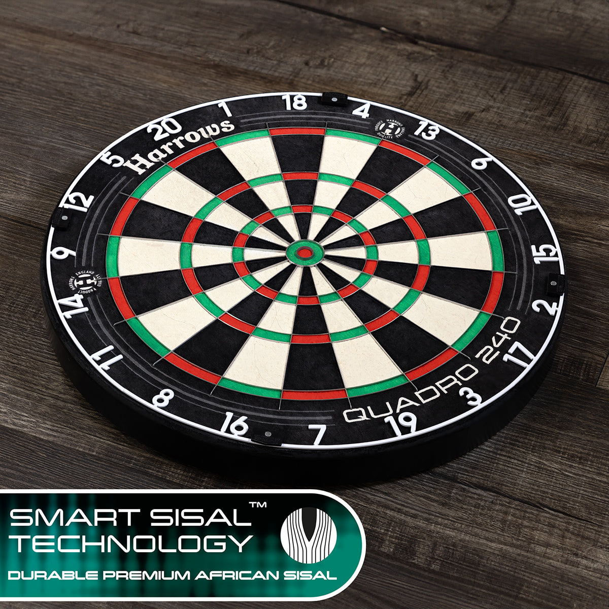 Harrows Quadro 240 Dartboard close up image highlighting the sisal fibre construction and playing surface