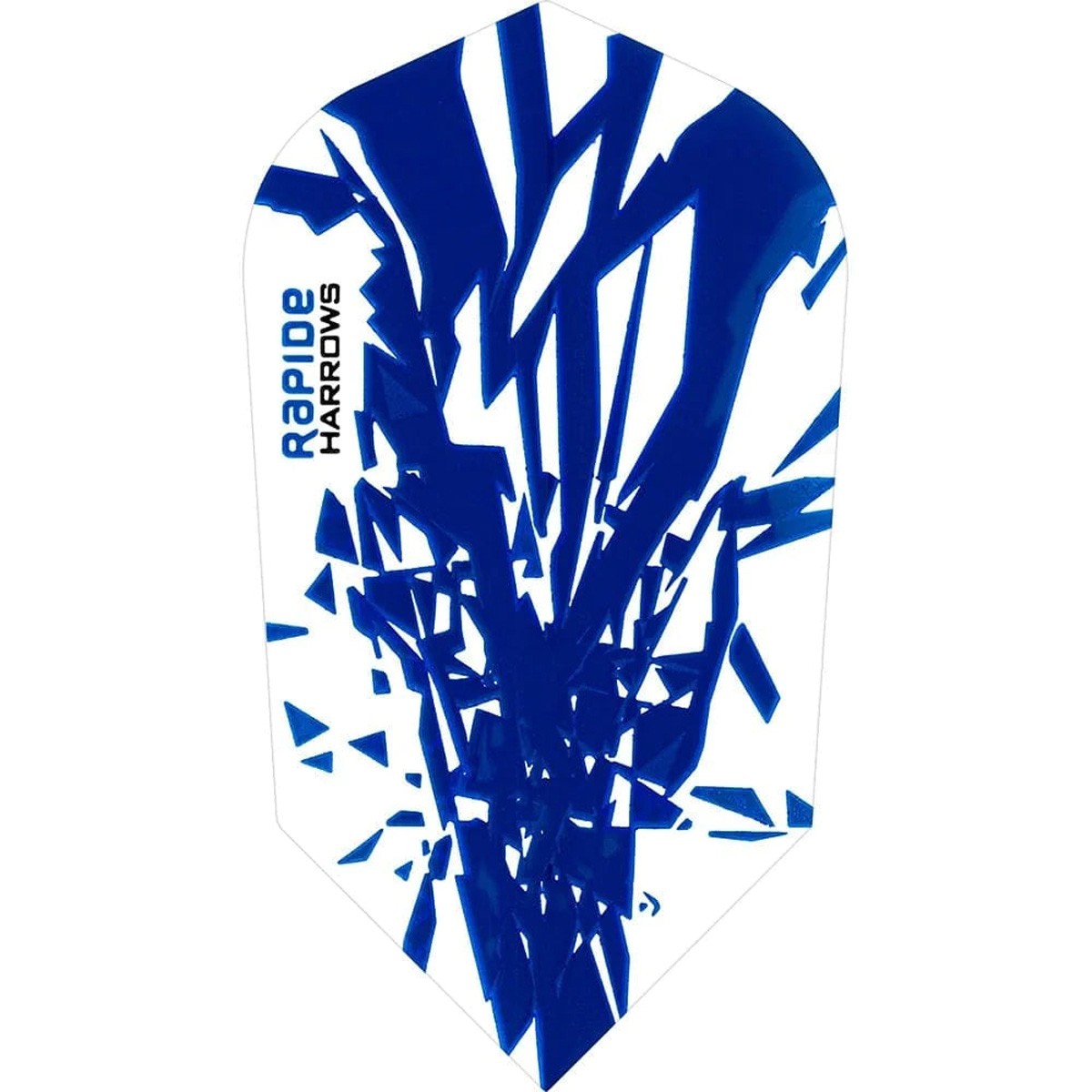 Blue and white slim dart flight with 'Rapide Harrows' branding on a white background