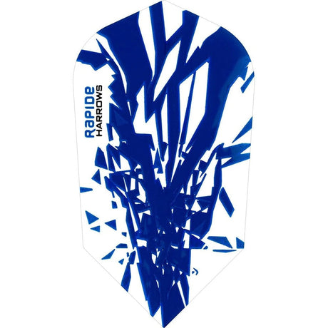 Blue and white slim dart flight with 'Rapide Harrows' branding on a white background
