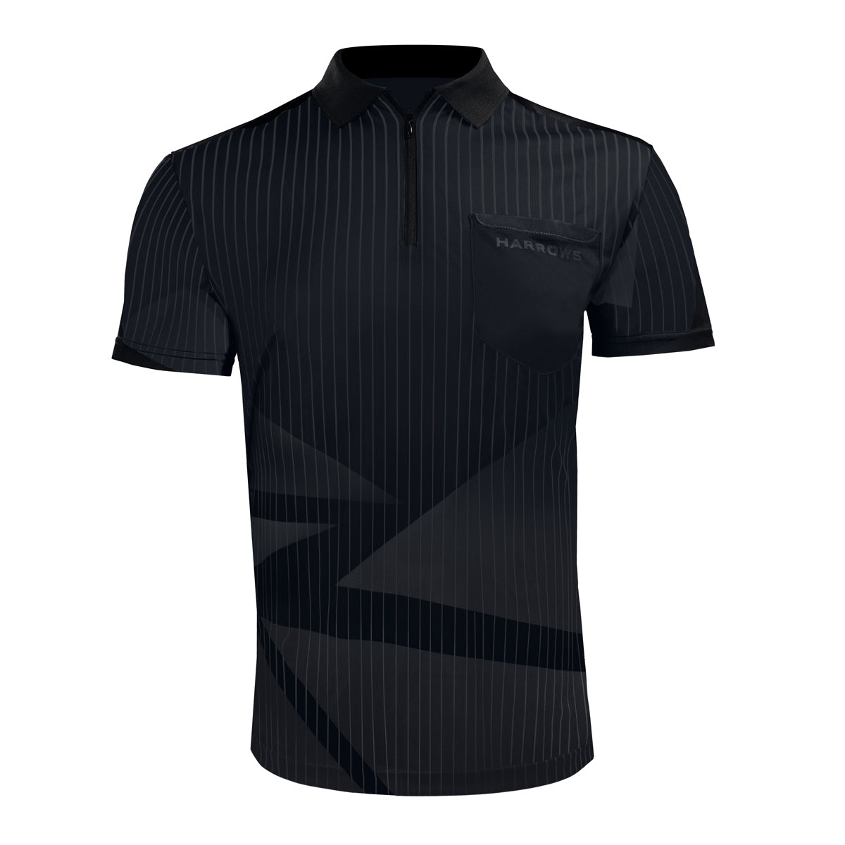 Harrows Shard Black Dart Shirt front view image showing the complete shirt design, colours, and styling details