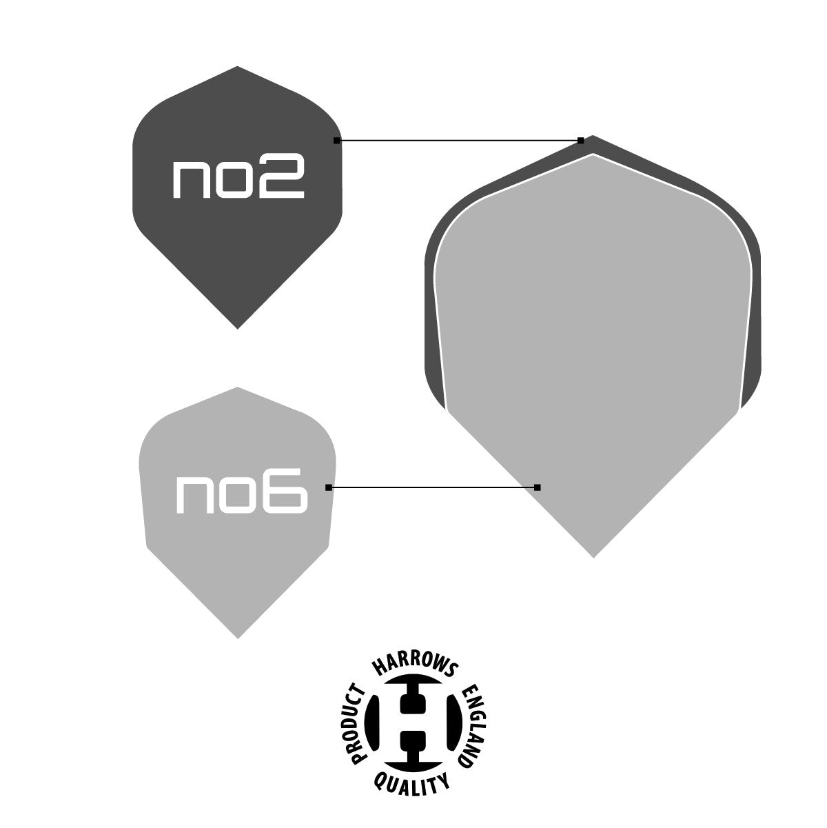 Silika Lumen No2 Standard Yellow Dart Flights by Harrows size guide comparing the available dart flight shapes and silhouettes.