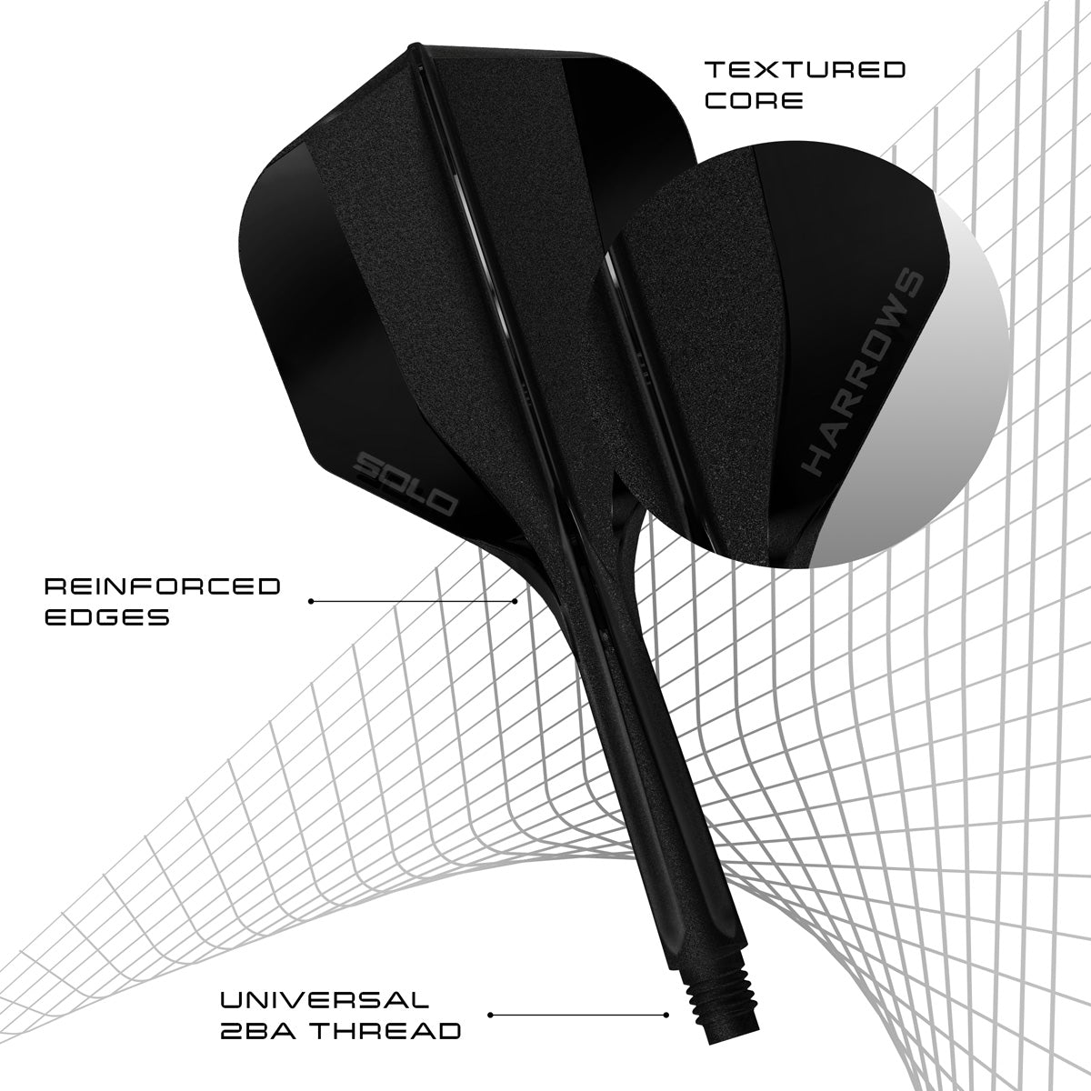 Harrows Solo No6 Integrated Flights and Shafts close up image highlighting moulded construction, material, and flight detail