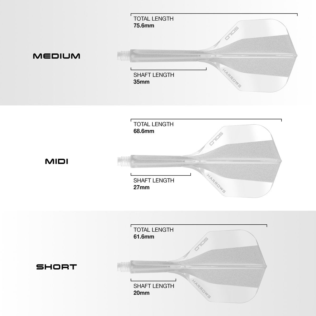Harrows Solo No6 Integrated Flights and Shafts dimensions image showing flight shape, shaft length, and size specifications.