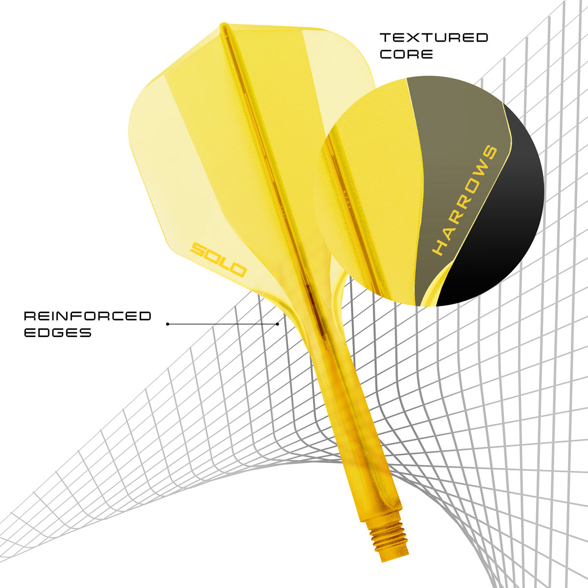 Harrows Solo No6 Integrated Flights and Shafts close up image highlighting moulded construction, material, and flight detail