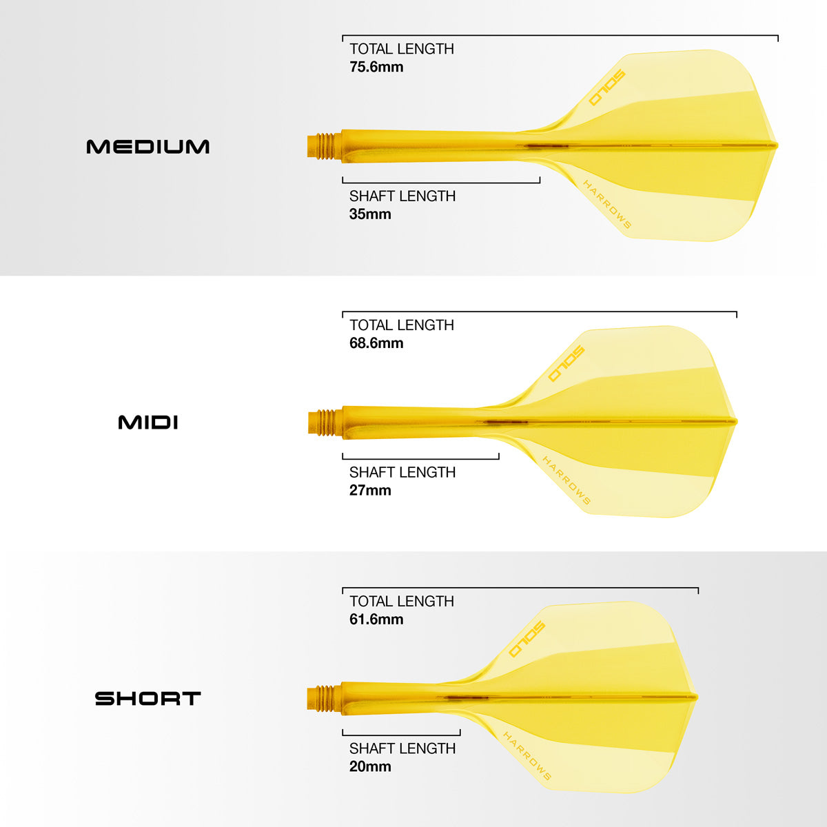 Harrows Solo No6 Integrated Flights and Shafts dimensions image showing flight shape, shaft length, and size specifications.