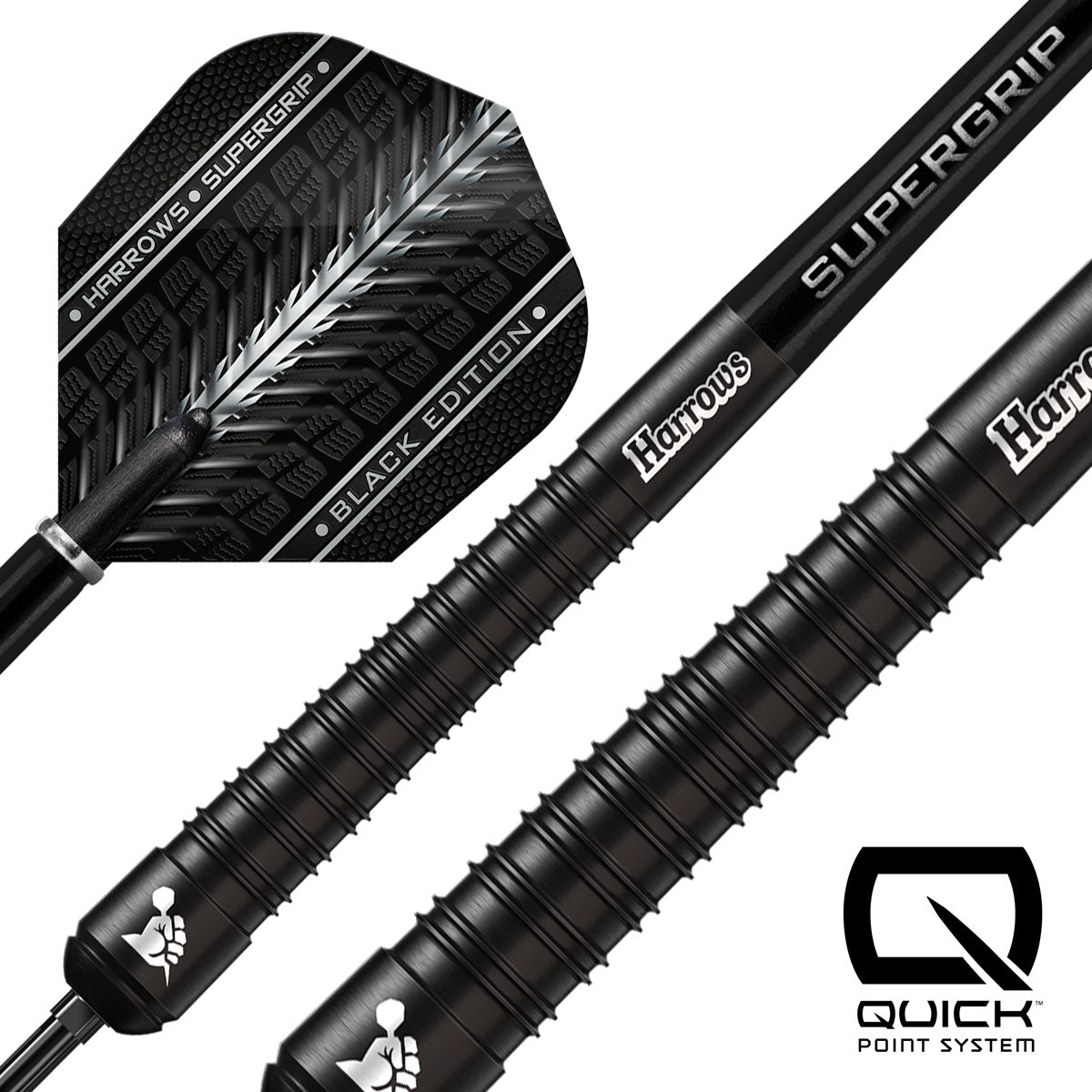 Close up image of the Harrows Supergrip Black Quick Point 90% Tungsten Steel Tip Darts barrels highlighting the grip, machining and Quick Point system