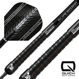 Close up image of the Harrows Supergrip Black Quick Point 90% Tungsten Steel Tip Darts barrels highlighting the grip, machining and Quick Point system