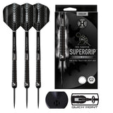Image of the Harrows Supergrip Black Quick Point 90% Tungsten Steel Tip Darts displayed for retail sale with product packaging