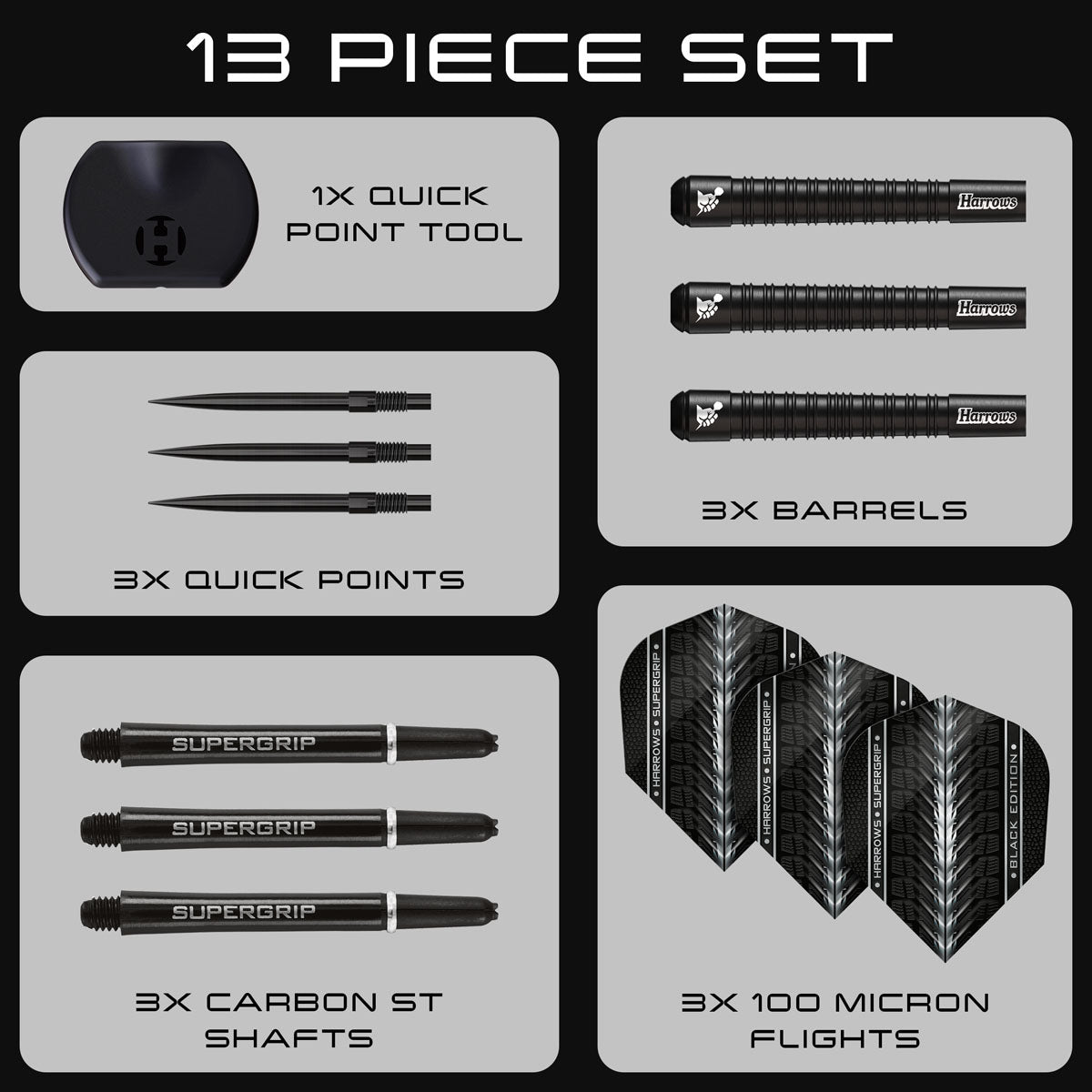 Image showing the contents included with the Harrows Supergrip Black Quick Point 90% Tungsten Steel Tip Darts