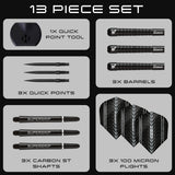 Image showing the contents included with the Harrows Supergrip Black Quick Point 90% Tungsten Steel Tip Darts
