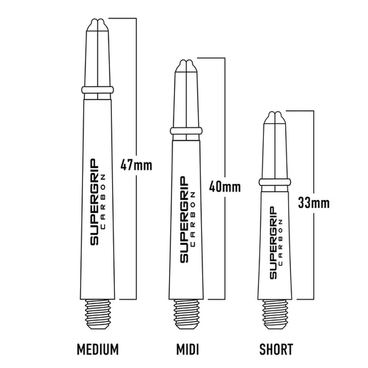 Illustration of Supergrip carbon darts shafts with measurements for medium, midi, and short sizes.