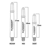 Illustration of Supergrip carbon darts shafts with measurements for medium, midi, and short sizes.