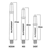 Illustration of Supergrip darts shafts with measurements for medium, midi, and short sizes. Labelled MEDIUM, MIDI, and SHORT with measured lengths 47mm, 40mm, and 33mm.