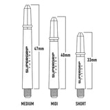 Illustration of Supergrip fusion darts shafts with measurements for medium, midi, and short sizes. Labelled MEDIUM, MIDI, and SHORT with measured lengths 47mm, 40mm, and 33mm.