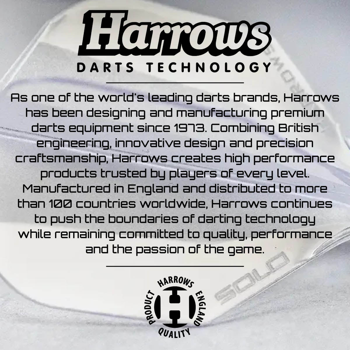 Harrows brand information card highlighting the company's heritage, based in England and established in 1973.